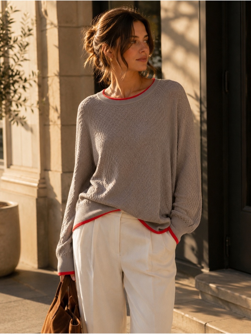 Saint + Sofia Taupe Open Knit Sweater Coral Trim Large